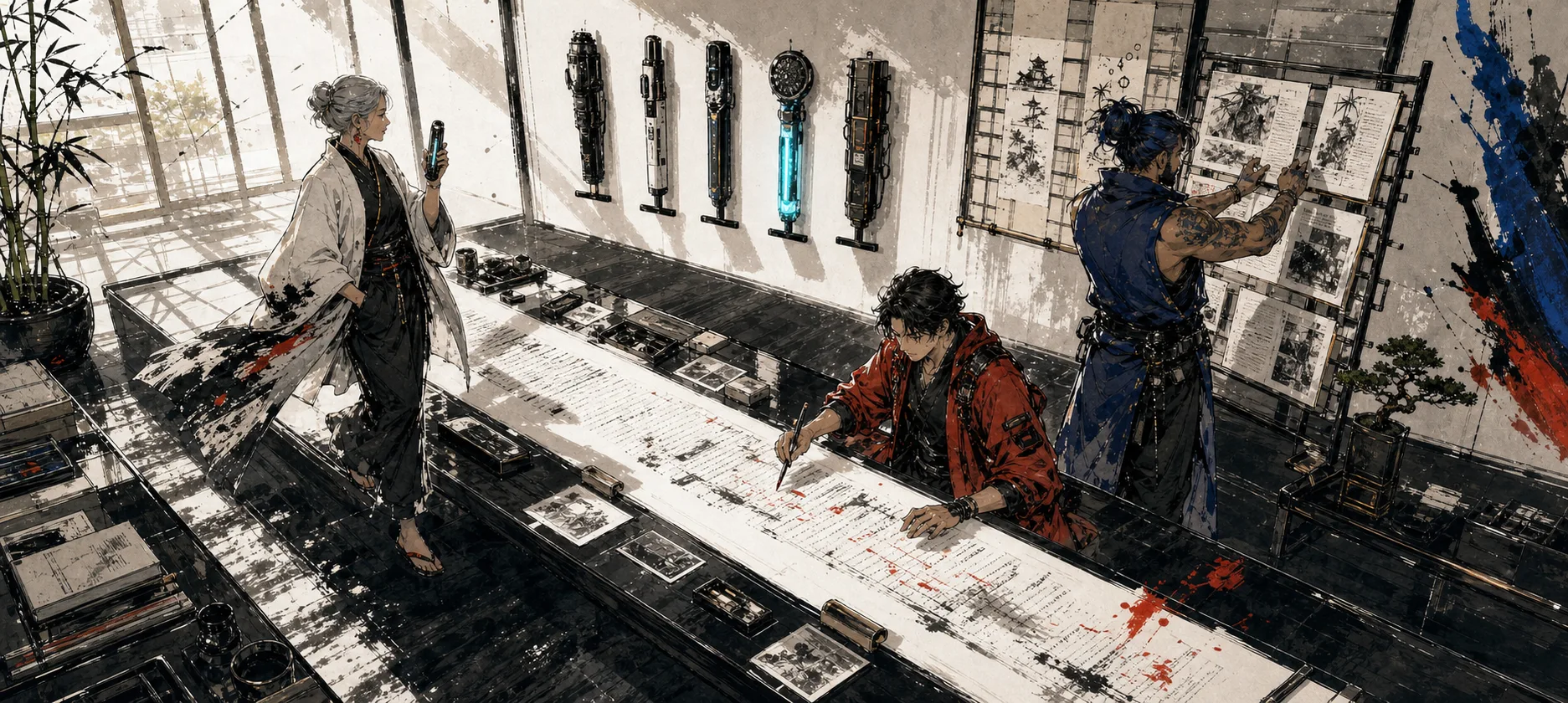 Three writers compare voice-writing instruments while editing a long manuscript in a Japanese cyber atelier