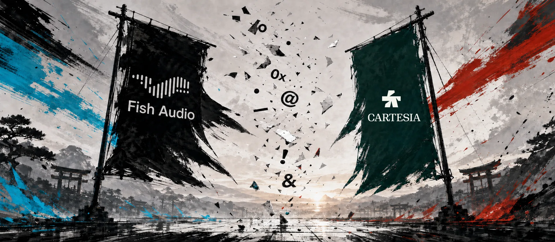 Fish Audio and Cartesia war banners facing a stream of broken technical symbols