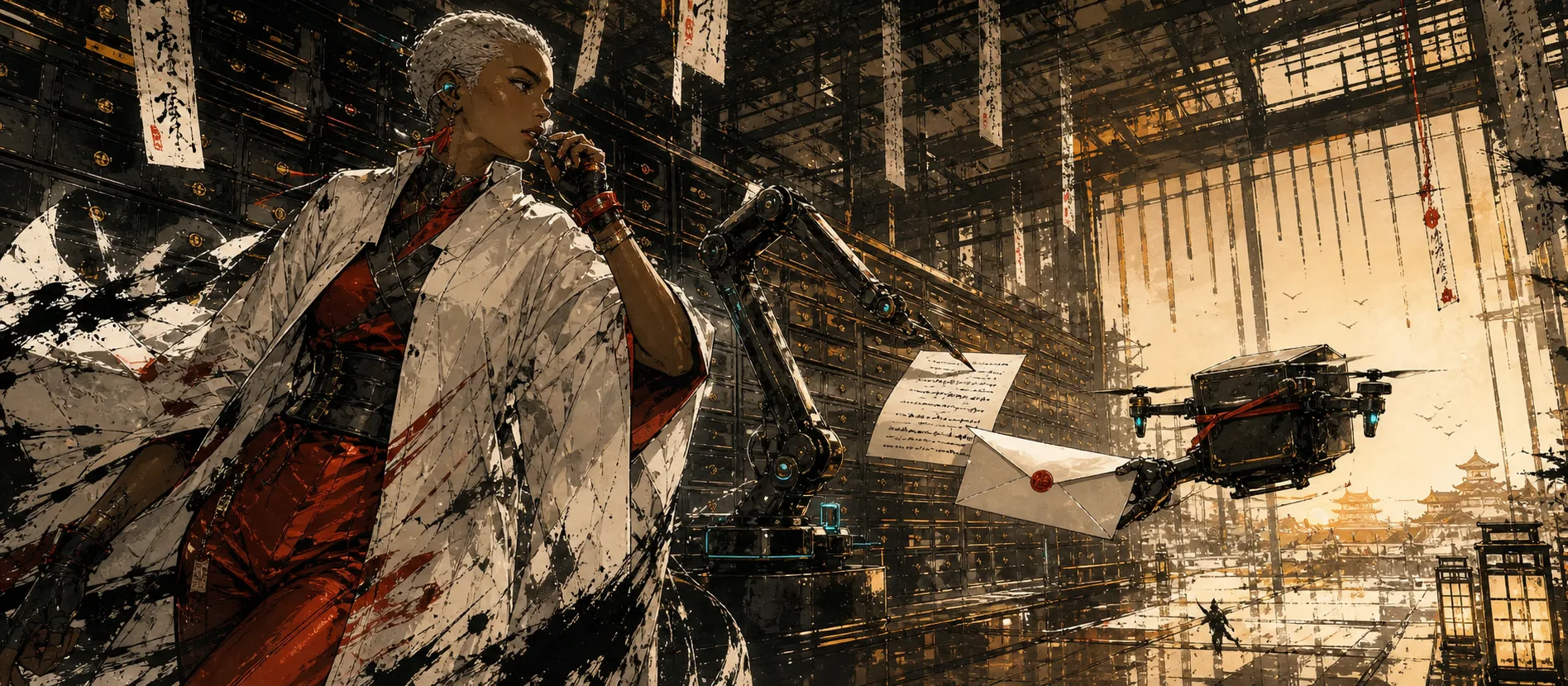 A cyber courier dictates a message as a mechanical writing arm prepares an envelope for delivery