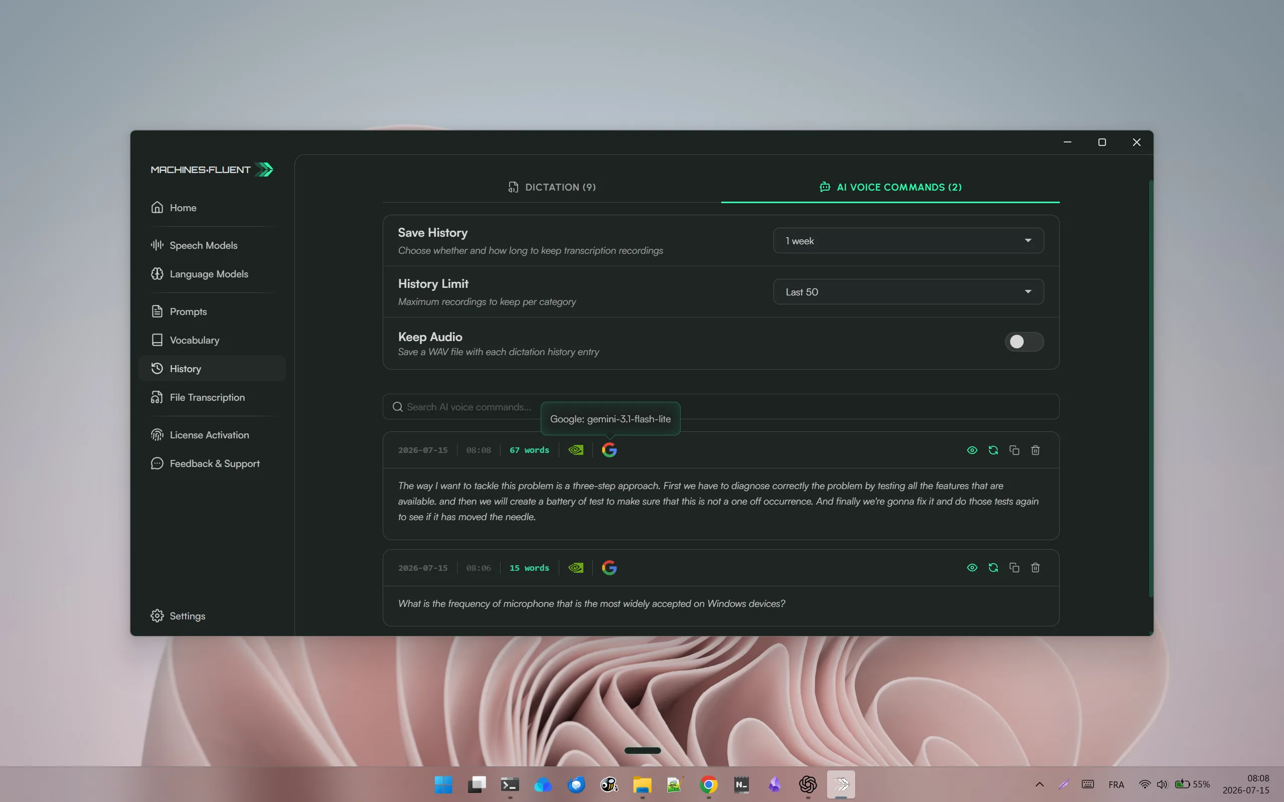 MachinesFluent History screen with AI retry controls, retention settings, and optional audio storage