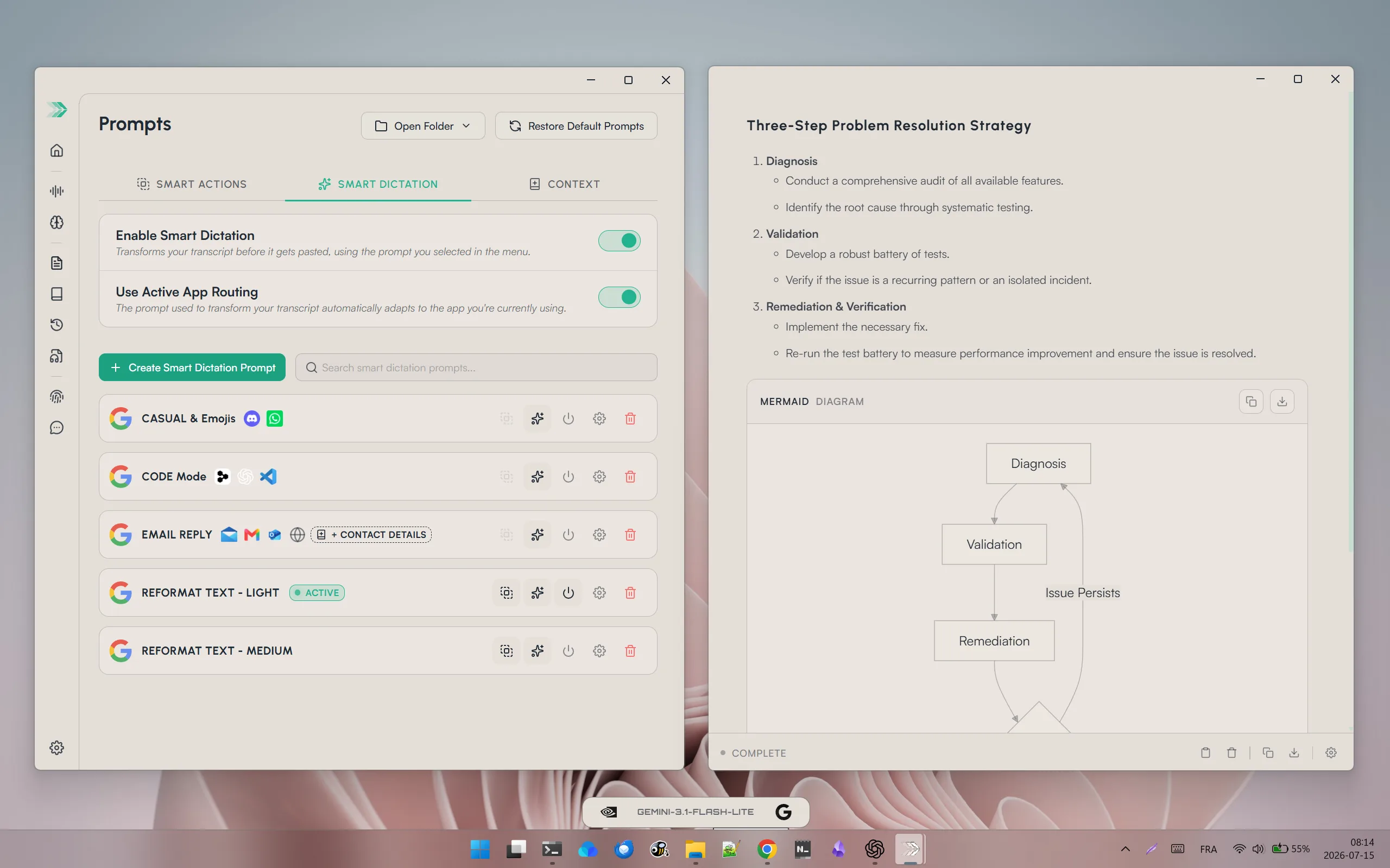 MachinesFluent light theme showing Smart Dictation prompts beside structured output
