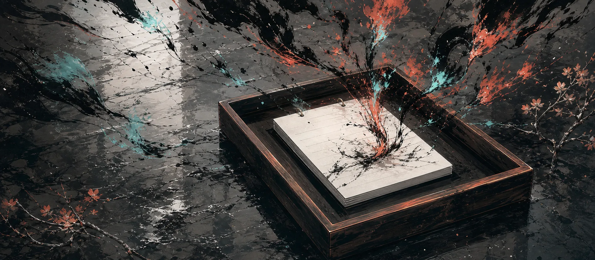Ink fragments gathering on a paper notepad inside a wooden tray