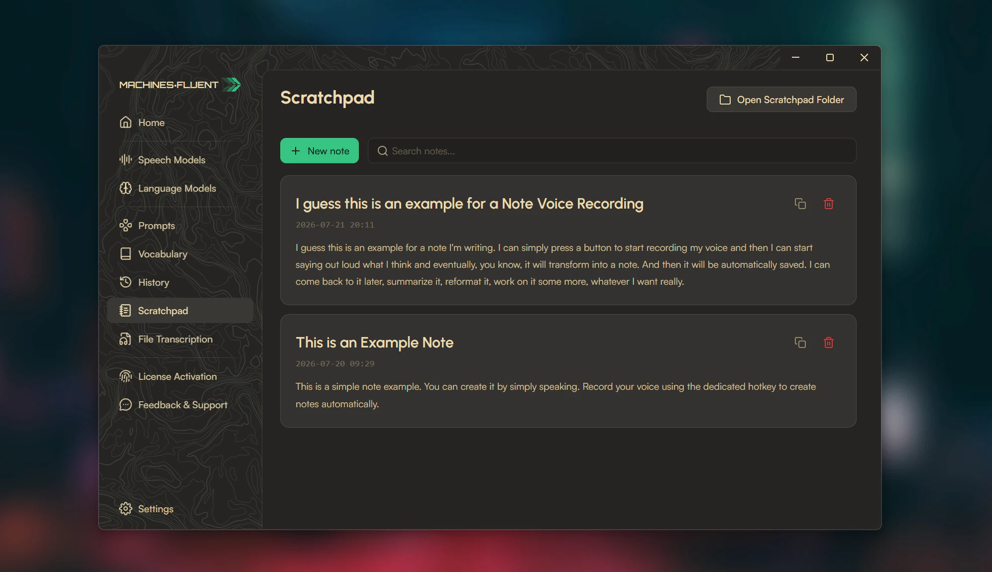MachinesFluent Scratchpad page showing saved notes, search, and direct folder access