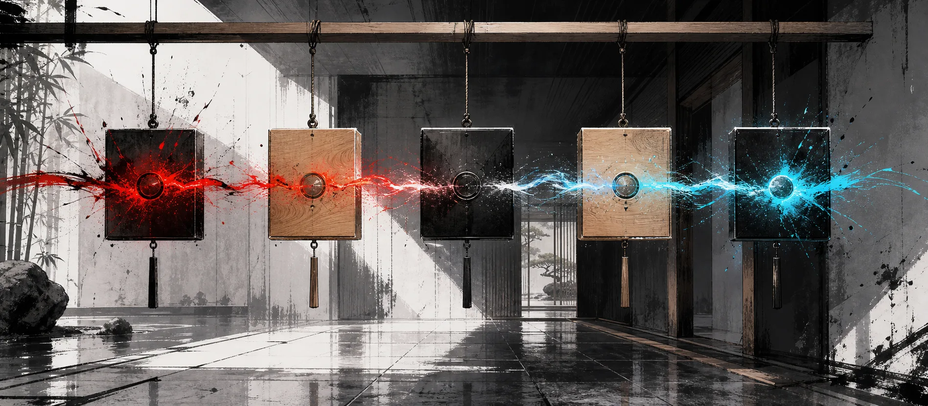 Five suspended metal and wood chimes connected by a red and blue pulse