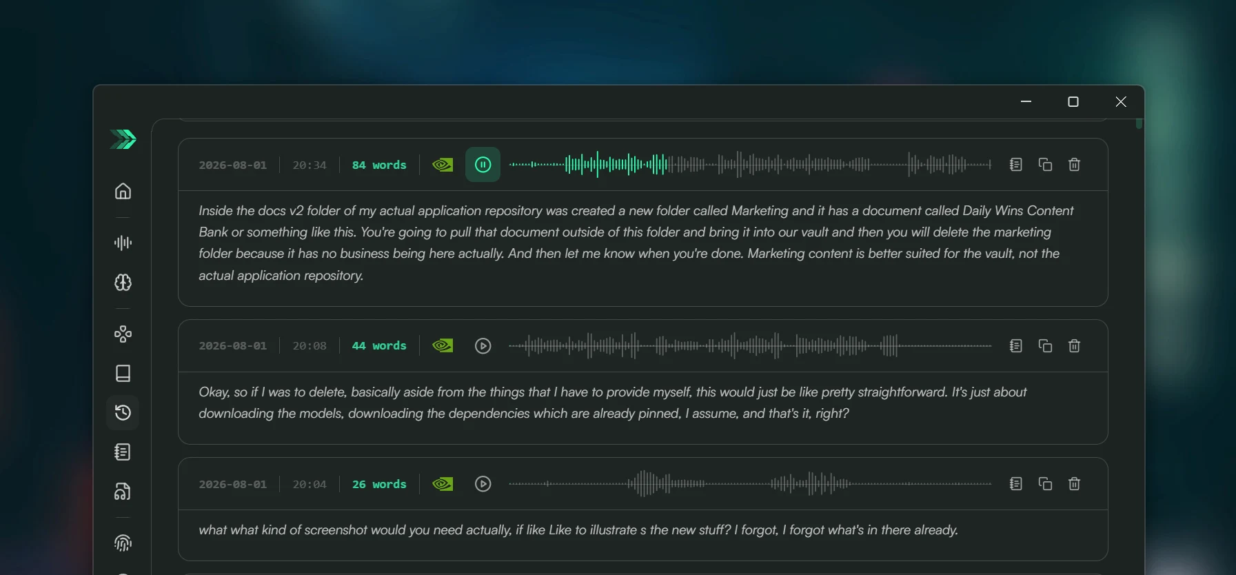 MachinesFluent History audio player showing playback progress on a saved recording waveform