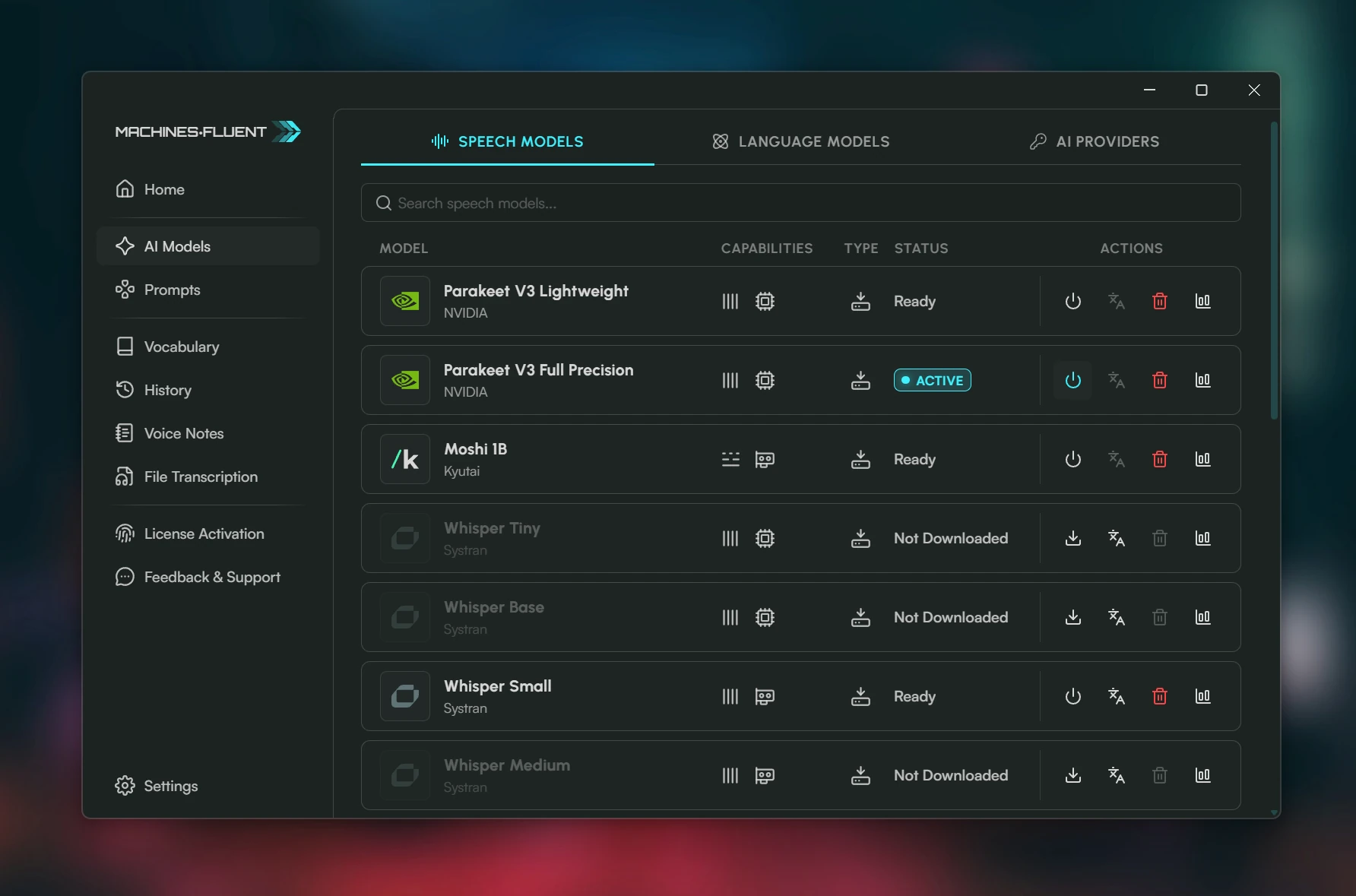 MachinesFluent AI Models settings showing Speech Models, Language Models, and AI Providers tabs with compact model rows
