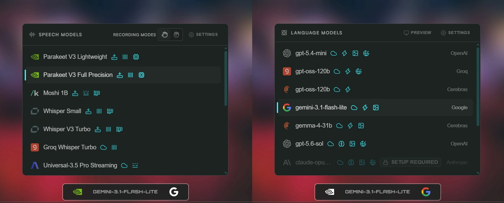 MachinesFluent dock menus showing speech and language models with local or cloud, CPU or GPU, speed, intelligence, image, and web-search capability icons