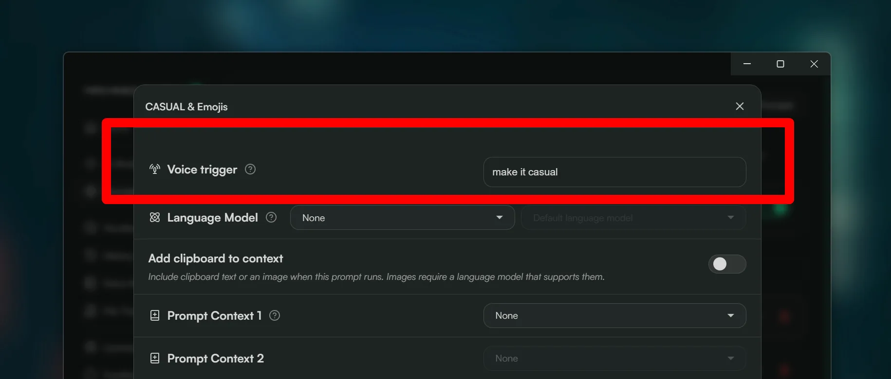 Smart Dictation prompt settings with the voice trigger phrase make it casual highlighted